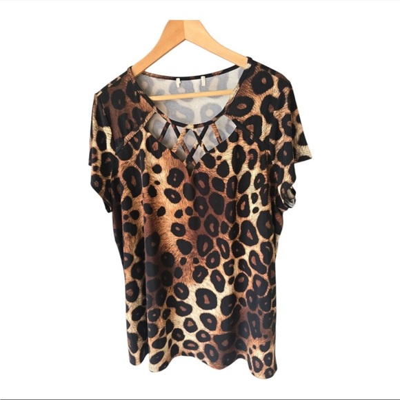 Michael Kors Tops - Michael Kors Animal Print Blouse Top 2XL Brown Women Short Sleeve Strecty Cutout